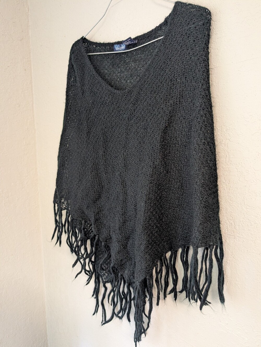 Mohair Shawl Cape Black Fringe Tassel Knit Semi sheer Whimsigoth Goth Fairy Boho